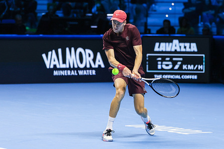 Jannik Sinner of Italy seen in actions during Men's Singles Group Stage match against Ben Shelton of United States on day six of the Nitto ATP Finals 2025 at Inalpi Arena.