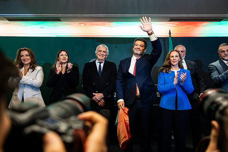 Far-right candidate Andre Ventura, leader of Chega party, gestures during a press conference after the poll results on the night of Portugal's presidential election second round. Centre-left candidate won over the far-right candidate in Portugal's presidential election.