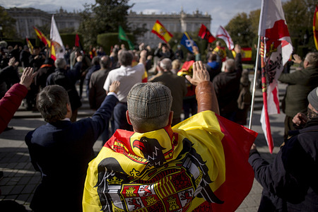 Far-right supporters make fascist salutes during a rally commemorating the 50th anniversary of the death of dictator Francisco Franco. He died on November 20 1975 at an event with Falangist flags. Also on November 20 1936 José Antonio Primo de Rivera, founder of the far-right group Falange Española, died.
