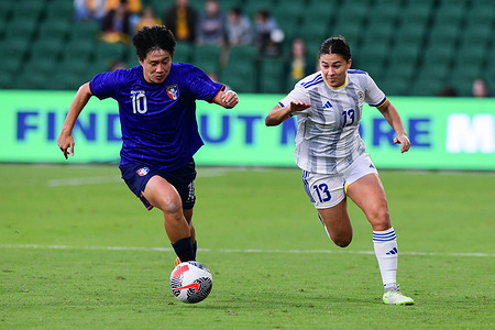 Lee Hsiu-Chin (L) of the Chinese Taipei women's football team and Angela Rachael Beard (R) of the Philippines women's football team are seen in action during the 2024 AFC Women's soccer Olympic Qualifying Round 2 Group A match between Philippines and Chinese Taipei held at the Perth Rectangular Stadium. 
Final score Philippines 4:1 Chinese Taipei.