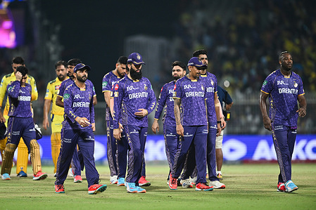 Kolkata Knight Riders players seen during the Indian Premier League 2025 (IPL) Twenty cricket match 57 between Kolkata Knight Riders and Chennai Super Kings at the Eden Gardens stadium. Final score Kolkata Knight Riders 179/6 in 20 overs, Chennai Super Kings 183/8 in 19.4 overs