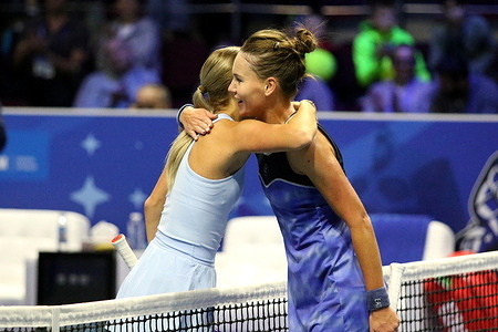 Anastasia Potapova of Russia (R) and Veronika Kudermetova of Russia (L) hug during the International Team Tennis Tournament Trophies of Northern Palmyra 2025 at The Arena. Final score: (Anastasia Potapova 2:5, 2:4, 2:4 Veronika Kudermetova).