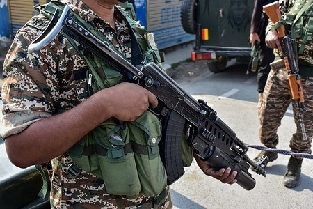 Indian paramilitary troopers stand alert after an unidentified military aircraft crashed in Wuyan area of Pampore, about 15kms from Srinagar. India launched "Operation Sindoor", striking nine sites in Pakistan. Pakistan reports missile attacks on six locations, killing at least eight and injuring 35, calling it an “act of war.” Two unidentified jets crashed in Jammu and Kashmir shortly after the strikes. Pakistan says the death toll has reached 26 from Indian attacks, with 10 more killed in Pakistani shelling along the border.