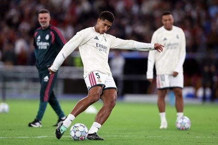 Jude Bellingham of Real Madrid seen in action during warm-up before UEFA Championship League 2026-2027 football match between AS Roma Vs Real Madrid CF at Olympic Stadium. Final result Roma 3 : 4 Real Madrid