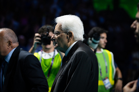 Sergio Mattarella, President of the Italian Republic, steps onto the court at the end of the opening match between Italy vs Sweden at Piazza del Plebiscito. Final score Italy 3:0 Sweden