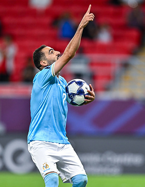 Ahmad Ersan of Al Faisaly SC seen celebrating during the AFC Champions League Two Group C football match between Qatar's Al Rayyan SC and Jordan's Al Faisaly SC at Ahmad Bin Ali Stadium. Final score; Al Rayyan SC 4 : 3 Al Faisaly SC.