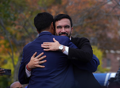 Zohran Mamdani on the campaign trail in Jamaica, Queens. He was introduced to the Muslim and Asian community as he hugged Congressman Ro Khanna.