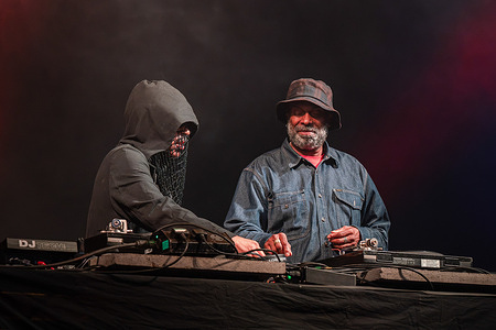 L- R Kenny Dixon Jr., better known by name Moodymann and Theo Parrish seen performing a back to back set at Lido Festival. international DJ's play Lido Festival.