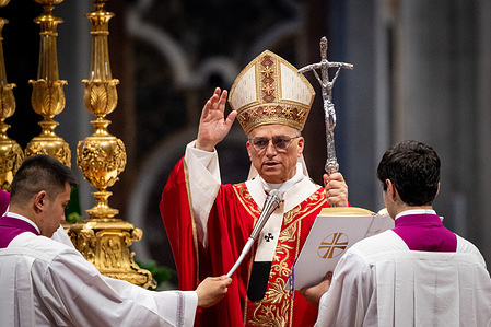 Pope Leo XIV delivers his blessing during the Holy Mass on the Solemnity of Saints Peter and Paul at St. Peter's Basilica in Vatican. The Mass included the blessing and imposition of the pallium on 54 new Metropolitan Archbishops.