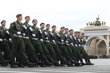 Russian military servicemen take part in a general rehearsal of the Victory Day parade at the Dvortsovaya Square in front of the Hermitage State museum.
The military parade marking the 75th anniversary of the victory over Nazi Germany in the World War II which will be held in several cities of Russia on 24 June 2020. Troop’s parade as part of the Victory Day Parade on 09 may was cancelled due to the Covid-19 pandemic.