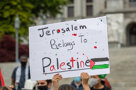 A protester holds a placard during a pro-Palestine demonstration at the Pennsylvania State Capitol.
About 100 people participated in a rally and march which was organized by the Central Pennsylvania Committee of Masajid.