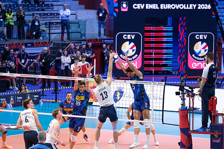 Giovanni Sanguinetti of the Italy, Joonas Jokela of the Finland and Alessandro Michieletto of the Italy seen in action during the Italy Vs Finland volley ball match at Quarter Final of the CEV Enel EuroVolley 2026 Men at PalaVela. Final Score; Finland 3:2 Italy.