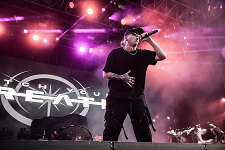 Josh Mowery frontman of Catch Your Breath performs live on stage at the Sequoie music park. Catch Your Breath literally set the stage at Sequoie Music Park on fire!.