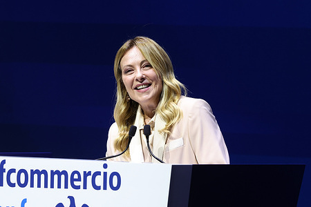 Prime Minister Giorgia Meloni speaks in front of the audience during the Confcommercio Assembly at the Auditorium della Conciliazione in Rome, an opportunity to discuss key economic issues and the country's growth prospects with the business, trade, tourism, and service sectors.
