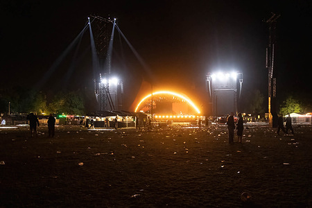The area in front of the main stage at the Orange Stage has been abandoned after the last night's last concert during Roskilde Festival 2025. The festival is the largest of its kind in the Nordics with an expected 130,000 participants during the 7 days the festival spans. The camping area opens four days before the festival.