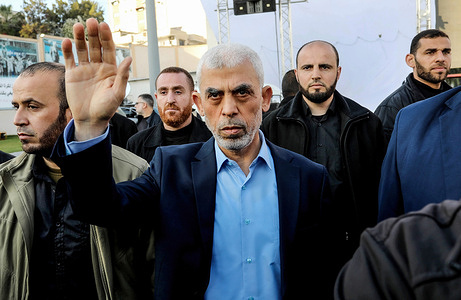 Yahya Sinwar, head of the Palestinian Islamic movement Hamas in the Gaza Strip, waves his hand to the crowd during the celebration of International Quds Day in Gaza City. The chief of the Palestinian Islamist Hamas movement in Gaza, Yahya Sinwar delivered a historic address to the Palestinian people of Gaza, telling them to stick up to the fighting against Israel in a speech that reflected his country's support for the territory's ruling Hamas militant group. Al-Quds (Jerusalem) Day is a commemoration day in support of the Palestinian people held annually on the last Friday of the Muslim fasting month of Ramadan by an initiative started by the late founder of the Islamic Republic in Iran.