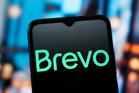 In this photo illustration, the Brevo logo is seen displayed on a smartphone screen.