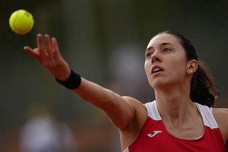 Mariam Bolkvadze of Georgia is seen during the 2026 Billie Jean King Cup by Gainbridge Europe/Africa Group I match between Turkiye (Berfu Cengiz) and Georgia at the Complexo de Tenis Jamor. Berfu Cengiz won 1–6, 6–4, 6–0