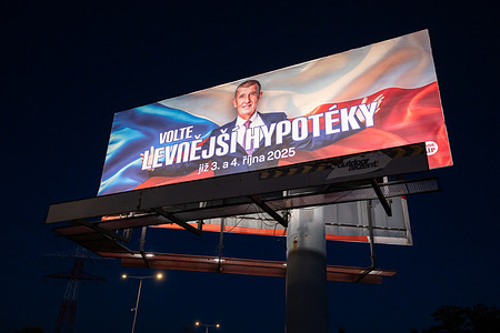 A election billboard for Czech billionaire and former prime minister Andrej Babis from ANO party seen. Parliamentary elections will be held on the 3rd and 4th Oct 2025.