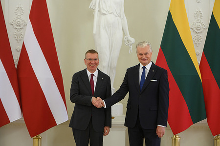 Latvian President Edgars Rinkevics (L) and Lithuanian President Gitanas Nauseda (R) seen during their meeting at the Presidential Palace. President of Latvia arrived in Lithuania on July 15 for a two-day state visit. In Vilnius, he met with Lithuanian President Gitanas Nauseda, after which the two leaders addressed the media at a press conference. During the meeting, Lithuania and Latvia signed a declaration reaffirming their strategic partnership and shared priorities.