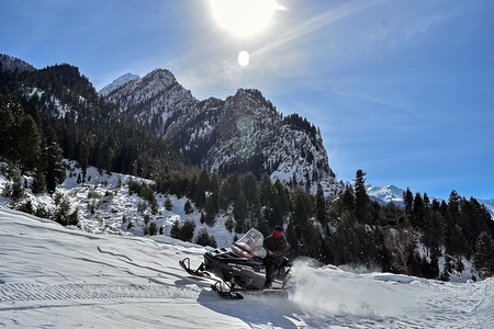 A local seen riding a snow bike on a sunny winter day in Gagangir area of district Ganderbal, about 80kms from Srinagar, Indian administered Kashmir. 
Kashmir is the northernmost geographical region of the Indian subcontinent. It is currently a disputed territory, administered by three countries: India, Pakistan and China.