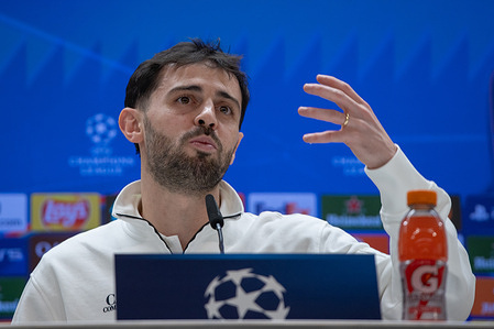 Manchester City player Bernardo Silva attends a press conference ahead of the UEFA Champions League match between Real Madrid and Manchester City, to be played at the Santiago Bernabeu stadium.