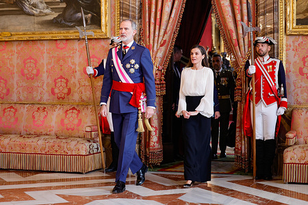 King Felipe VI of Spain and Queen Letizia of Spain attend the Pascua Militar ceremony at the Royal Palace.