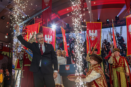 Grzegorz Braun seen during his presidential campaign rally in Krakow, where representatives of the Brotherhood of Sharpshooters (Bractwo Kurkowe) presented him with a "Szczerbiec"-a symbolic coronation sword of Polish kings-highlighting his image as a defender of faith, tradition, and national identity. Polish far-right presidential candidate Grzegorz Braun held a campaign rally in Krakow ahead of the presidential elections scheduled for 18 May 2025.