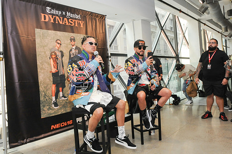 [L-R] Music artists Tainy (Marco Masís) and Yandel (Llandel Veguilla Malavé) attend a press conference to promote the new album 'DYNASTY', held at the PUMA Store, in New York City.
In honor of their 16-year career span throughout the evolution and globalization of Reggaeton, multi-award-winning artists Tainy and Yandel release their anticipated collaboration album DYNASTY. The innovative producer, Tainy, and leading singer, Yandel, have worked alongside each other since Tainy was the tender age of 16 — joining forces for the reggaeton duo Wisin and Yandel on tracks like “Pam Pam,” “Noche de Sexo,” and “Sensación.” As a result, the long-time colleagues have dominated airwaves, charts, and playlists. DYNASTY intentionally details this celebratory union, using basketball championship references for its visuals and their exclusive march.