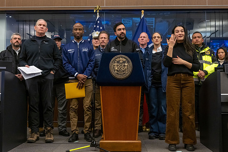 New York City Mayor Zohran Mamdani speaks during a storm briefing at the New York City Emergency Management (NYCEM) center on January 25, 2026 in the Brooklyn borough of New York City.
