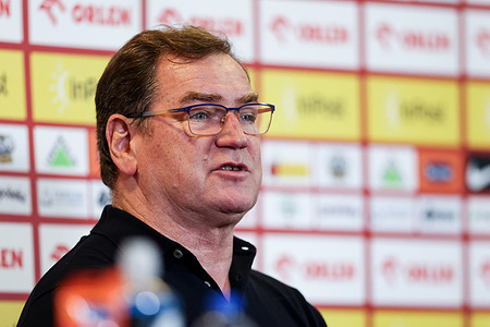 Coach Jan Urban of Netherlands seen during press conference after the Poland - Netherlands match in European Qualifiers World Cup 2026 at peg narodowy.