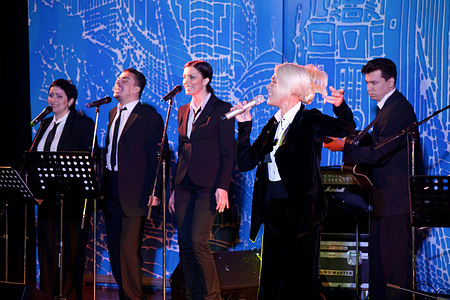 Soviet and Latvian pop singer, actress, director and choreographer Laima Vaikule with her band perform during a concert in Moscow.