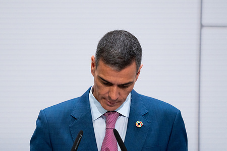 Spanish Prime Minister, Pedro Sanchez, attends a press conference during the 4th International Conference on Financing for Development.