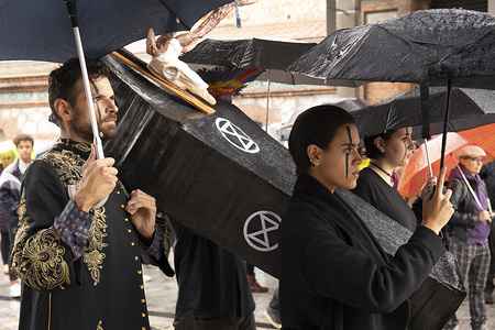 Participants carry a coffin which symbolises the animal extinction during the event.
Extinction Rebellion event organized by international movement (created in 2018) to share a vision of change in the society to prevent the effects of climate change took place Last Saturday at Matadero Cultural Centre in Madrid.