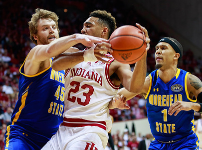Indiana Hoosiers forward Trayce Jackson-Davis (23) plays against Morehead State Eagles forward Alex Gross (45) during an NCAA basketball game at Assembly Hall in Bloomington. IU beat Morehead 88-53.