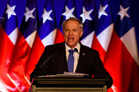 Far-right presidential candidate Jose Antonio Kast seen during his speech to hundreds of supporters.