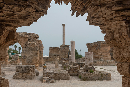 The archeaological ruins of Thermes d'Antonin, the thermal baths of Antoninus, the largest Roman Spa complex built in Africa, part of the ruined Phoenician city of Carthage, Tunis, Tunisia.