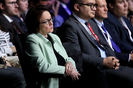 Elvira Nabiullina, Chairman of the Bank of Russia attends the session The global economy under conditions of protectionism at The new stage of the Alexandrinsky Theater.