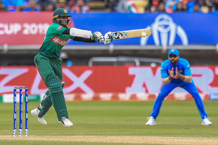 Bangladesh cricket player Shakib Al Hasan (left) in action during the 40th match of the ICC (International Cricket Council) Cricket World Cup 2019 between India vs Bangladesh at Birmingham in England. India won by 28 runs.
