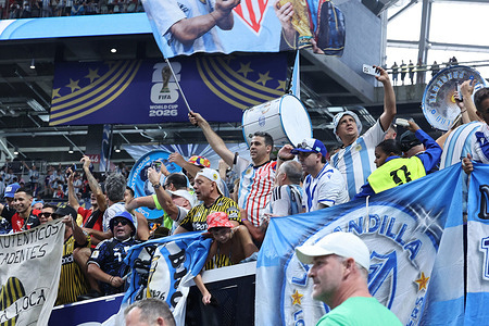 Argentina supporters celebrate their team’s dramatic 3-2 victory over Egypt following the FIFA World Cup 2026 Round of 16 match at Mercedes-Benz Stadium. Argentina came from two goals down to secure a place in the quarter-finals, sparking jubilant celebrations among the travelling fans.