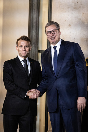 The French President Emmanuel Macron (L) welcomes Aleksandar Vucic (R), the President of the Republic of Serbia, at the Elysée Presidential Palace, in Paris. The French President Emmanuel Macron received the President of the Republic of Serbia Aleksandar Vucic for a meeting at the Elysée Presidential Palace, in Paris.