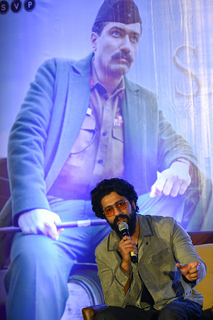 Bollywood actor Vicky Kaushal interacts with the press during a press conference of his upcoming Bollywood film “Sam Bahadur” in Kolkata. The film will be released on 1st December of 2023.