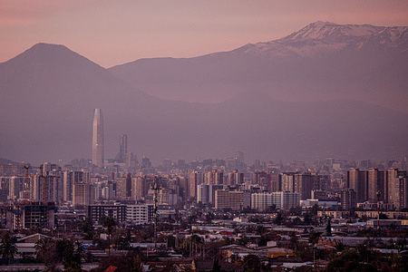 Sunset view is seen from a building in Santiago, Chile.