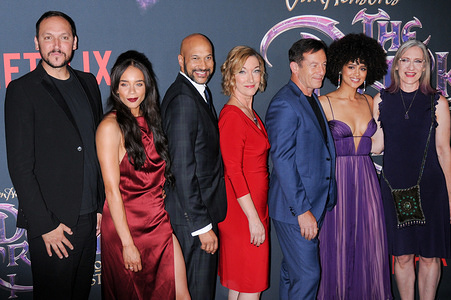 (L-R) Louis Leterrier, Hannah John-Kamen, Keegan-Michael Key, Donna Kimball, Jason Isaacs, Nathalie Emmanuel and Lisa Henson attend The Dark Crystal: Age of Resistance Premiere held at the Museum of the Moving Image in New York City.