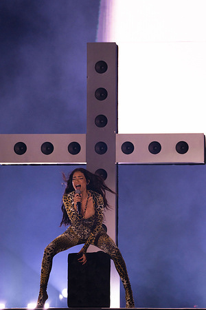 Elodie Di Patrizi known professionally as Elodie, a famous Italian singer, performs live at Stadio Maradona in Naples.