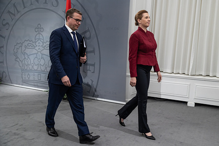 Prime Minister of Finland Petteri Orpo (L) and Prime Minister Mette Frederiksen (R) are seen leaving after a joint press conference at the Prime Minister's Office.