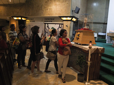Catholic Devotees seen at the Shrine of Mary, Queen of Peace perpetual adoration chapel.
Catholic Devotees flock to Shrine of Mary, Queen of Peace (Our Lady of EDSA) perpetual adoration chapel in Ortigas Avenue, Quezon City in the Philippines to venerate the blood relic of St. John Paul II. The veneration was part of the celebration of the youth with the theme "Filipino Youth in Mission: Beloved, Gifted and empowered".