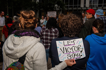 Local migrant supporters gathered during the demonstration. Protest in Support of Victor Sanchez a migrant community leader detained by I.C.E at Abraham A. Ribicoff United States Court House.