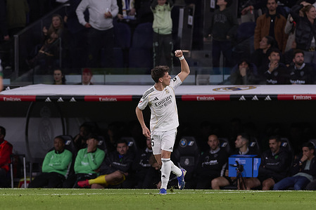 Arda Guler of Real Madrid CF celebrates a goal during the LaLiga EA Sports 2025/2026 week 28 football match between Real Madrid CF and Elche CF at Santiago Bernabeu stadium. Final score: Real Madrid CF 4:1 Elche CF.