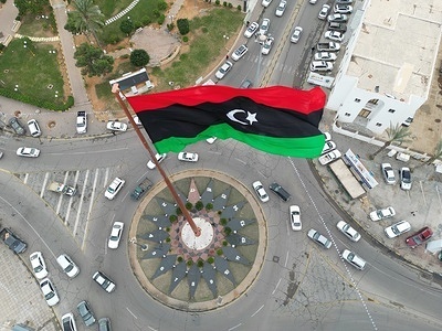 (EDITOR'S NOTE: Image taken by a drone)
The largest Libyan flag waves in the city center of Misrata in Libya. This circle island in the city center is called Flag Island, where the largest flag in Libya is raised.